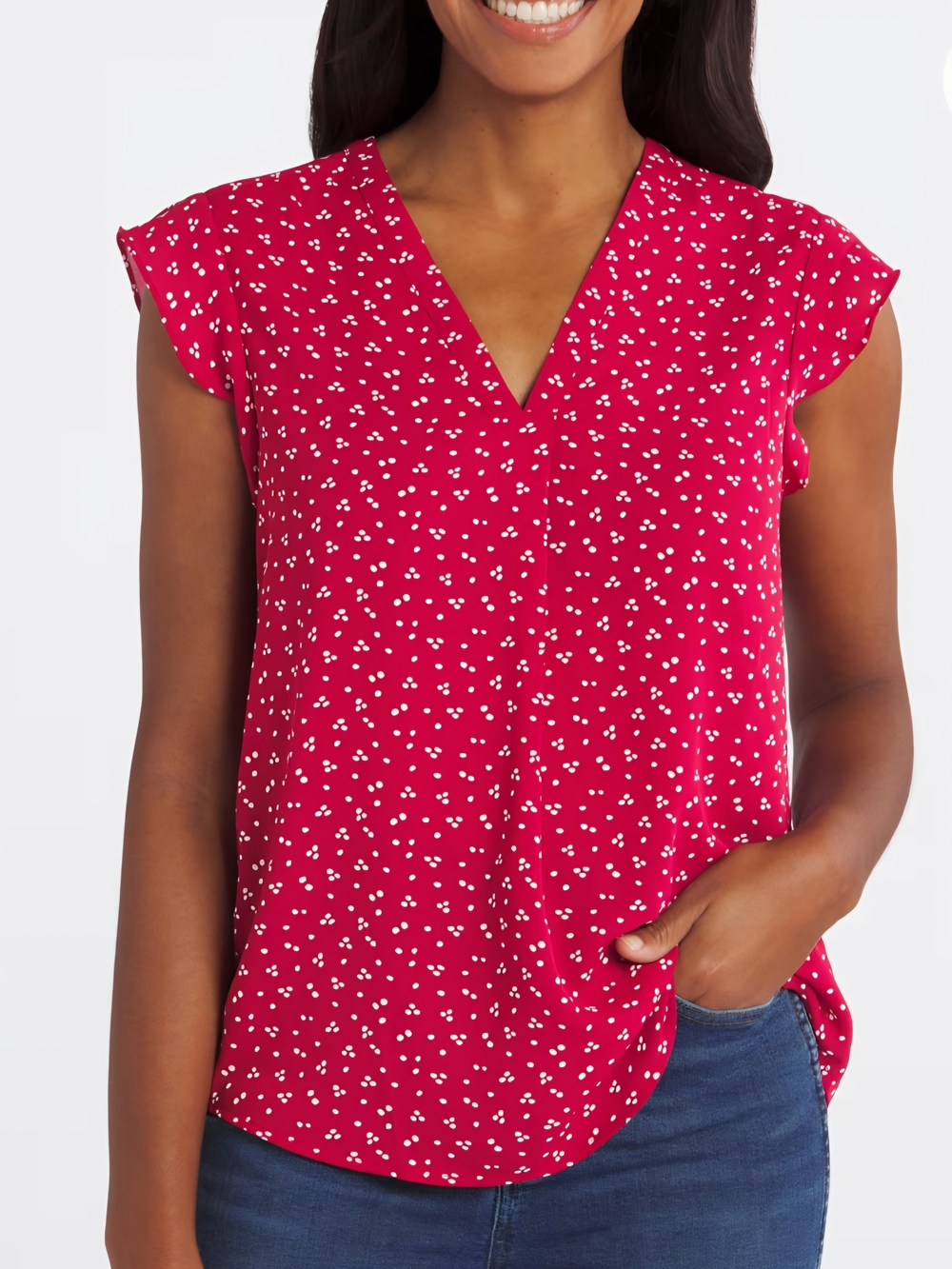 Women’s Dot-Print V-Neck Flutter Sleeve Blouse - Deep Red